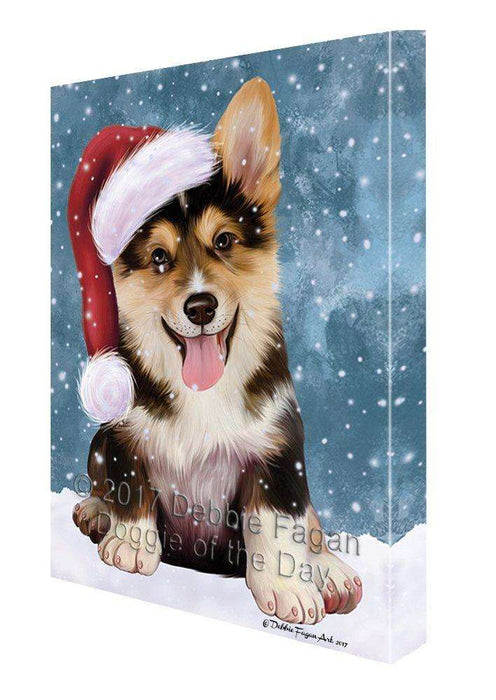 Let it Snow Christmas Holiday Corgi Dog Wearing Santa Hat Canvas Wall Art