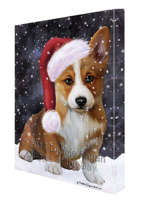 Let it Snow Christmas Holiday Corgi Dog Wearing Santa Hat Canvas Wall Art