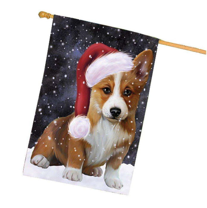 Let it Snow Christmas Holiday Corgi Dog Wearing Santa Hat House Flag