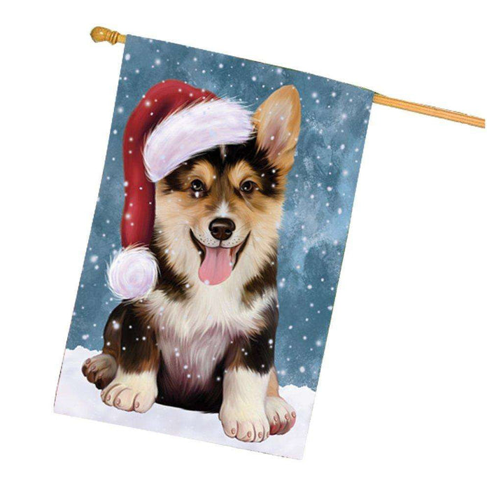 Let it Snow Christmas Holiday Corgi Dog Wearing Santa Hat House Flag