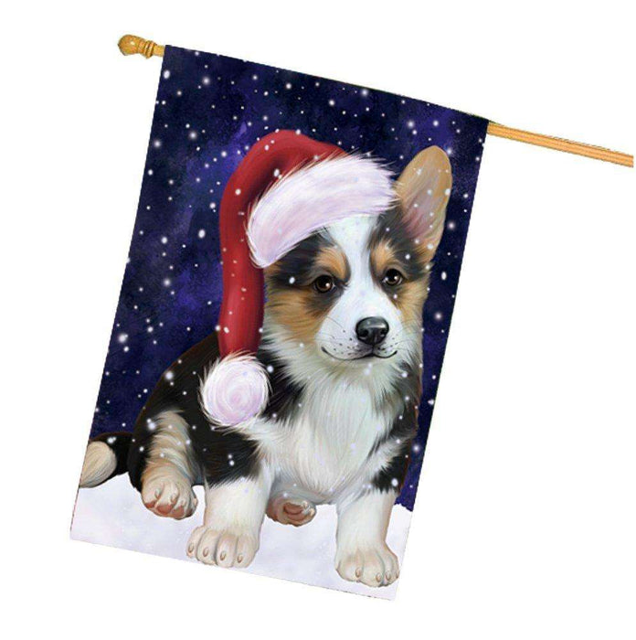 Let it Snow Christmas Holiday Corgi Dog Wearing Santa Hat House Flag