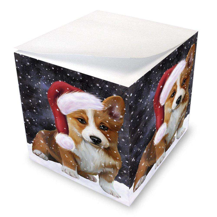 Let it Snow Christmas Holiday Corgi Dog Wearing Santa Hat Note Cube D305