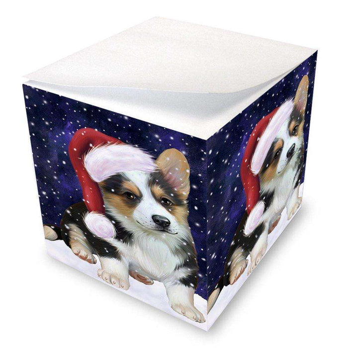 Let it Snow Christmas Holiday Corgi Dog Wearing Santa Hat Note Cube D306