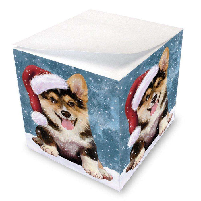 Let it Snow Christmas Holiday Corgi Dog Wearing Santa Hat Note Cube D307