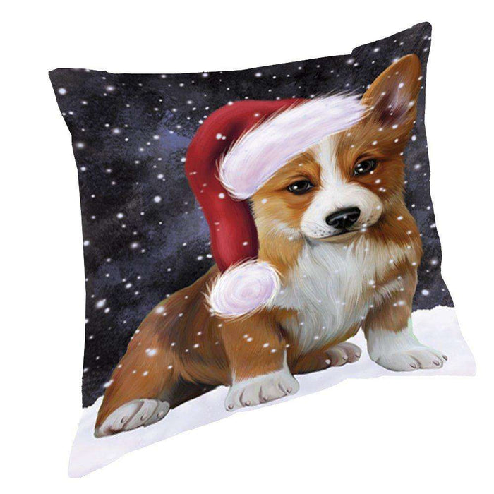 Let it Snow Christmas Holiday Corgi Dog Wearing Santa Hat Throw Pillow