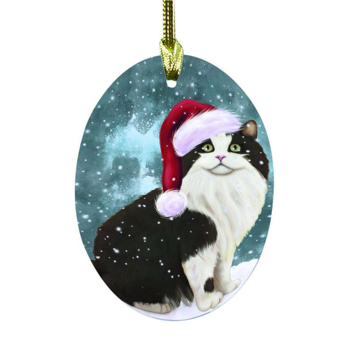 Let it Snow Christmas Holiday Cymric Black And White Cat Oval Glass Christmas Ornament OGOR48566