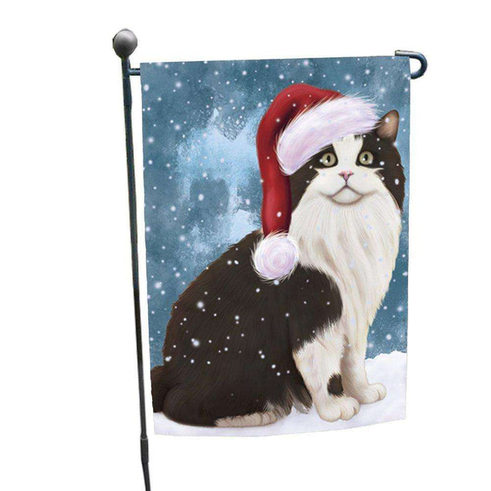 Let it Snow Christmas Holiday Cymric Black And White Cat Wearing Santa Hat Garden Flag