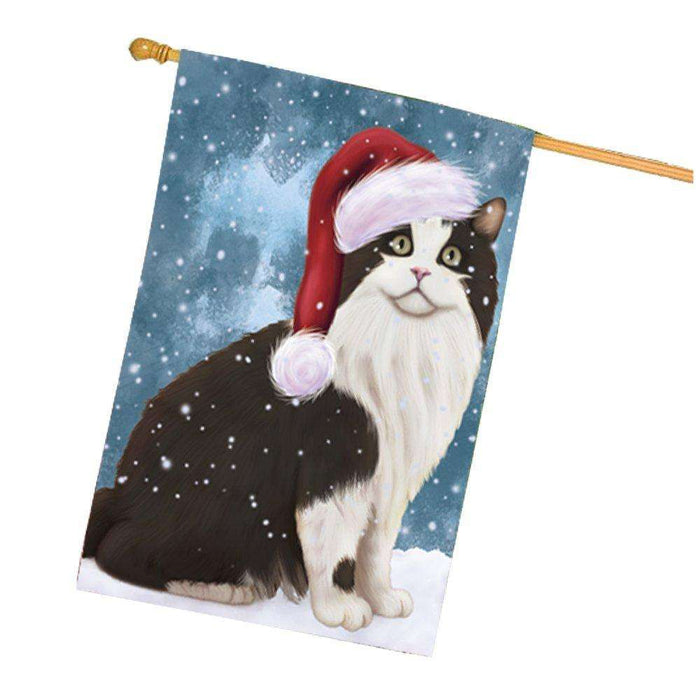 Let it Snow Christmas Holiday Cymric Black And White Cat Wearing Santa Hat House Flag