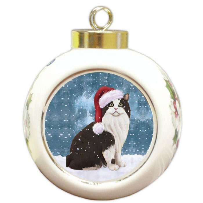 Let it Snow Christmas Holiday Cymric Black And White Cat Wearing Santa Hat Round Ball Ornament D295