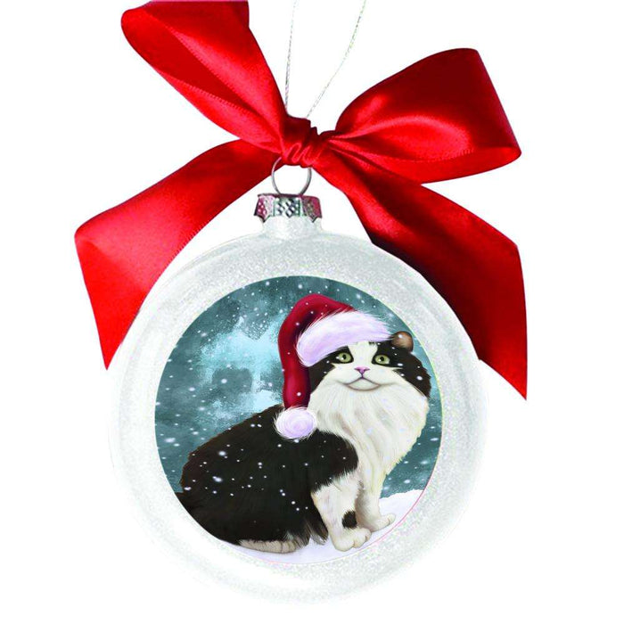 Let it Snow Christmas Holiday Cymric Black And White Cat White Round Ball Christmas Ornament WBSOR48566