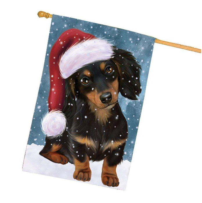 Let it Snow Christmas Holiday Dachshunds Dog Wearing Santa Hat House Flag