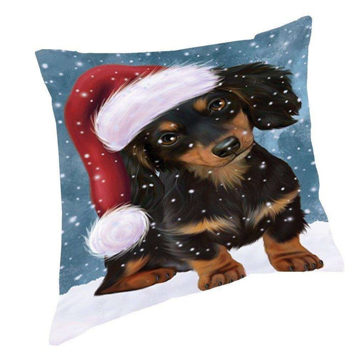 Let it Snow Christmas Holiday Dachshunds Dog Wearing Santa Hat Throw Pillow