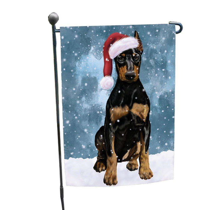 Let it Snow Christmas Holiday Doberman Dog Wearing Santa Hat Garden Flag
