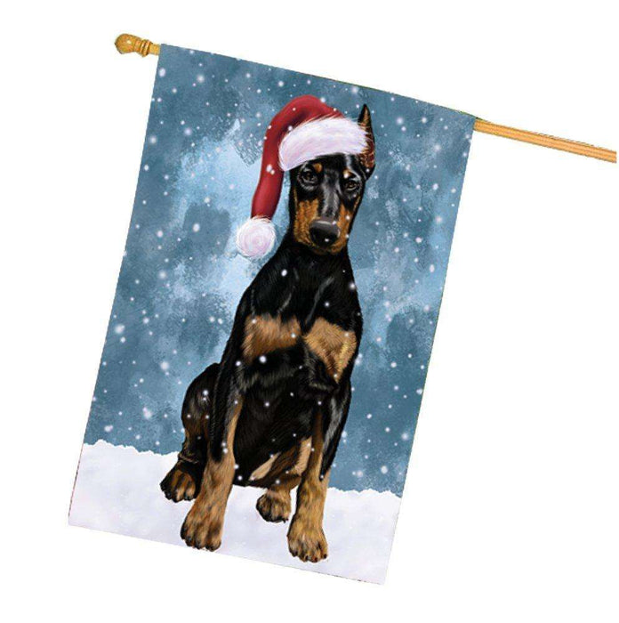 Let it Snow Christmas Holiday Doberman Dog Wearing Santa Hat House Flag