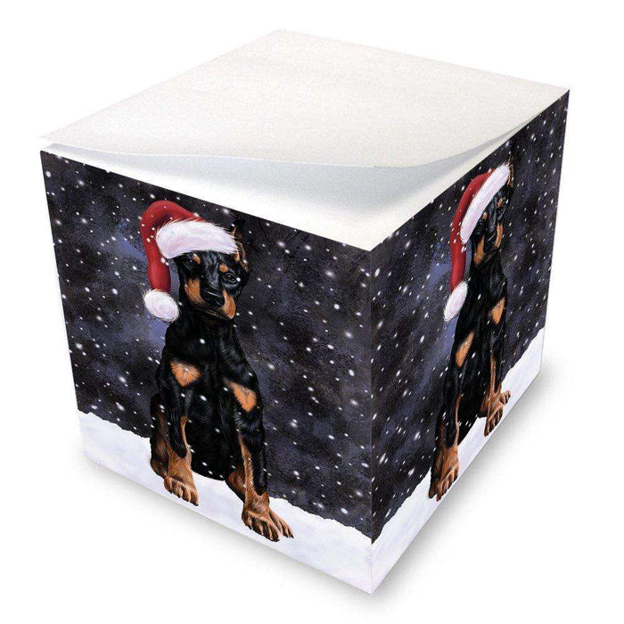 Let it Snow Christmas Holiday Doberman Dog Wearing Santa Hat Note Cube D311