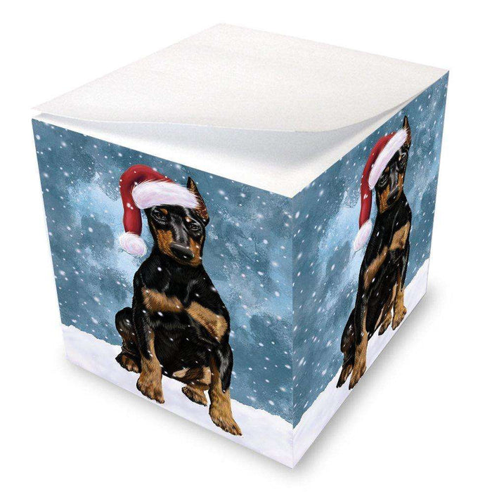 Let it Snow Christmas Holiday Doberman Dog Wearing Santa Hat Note Cube D313