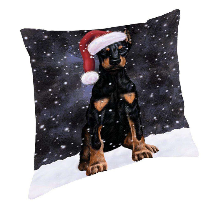 Let it Snow Christmas Holiday Doberman Dog Wearing Santa Hat Throw Pillow