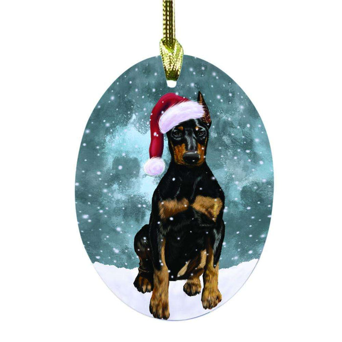 Let it Snow Christmas Holiday Doberman Pinscher Dog Oval Glass Christmas Ornament OGOR48575