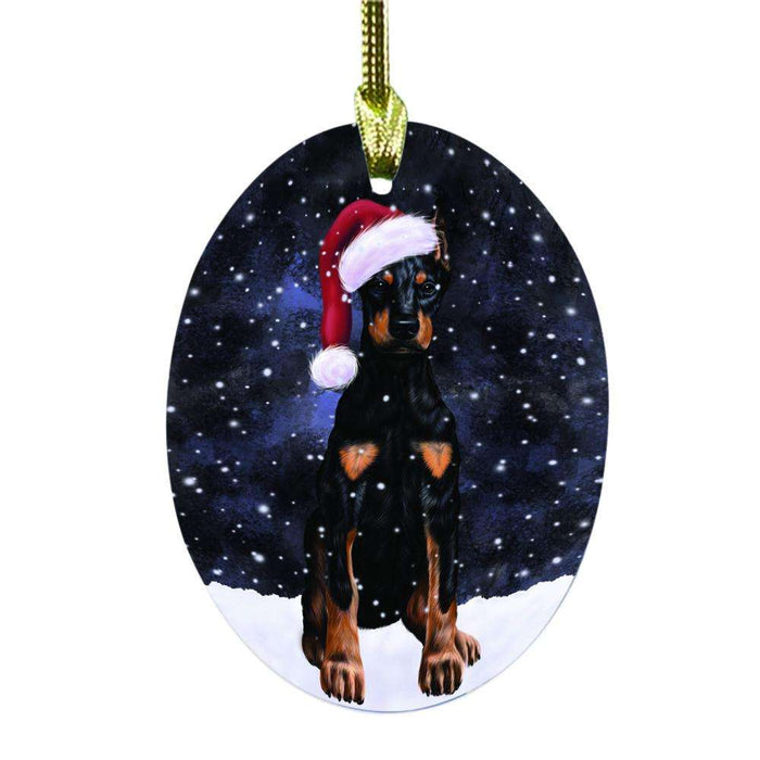 Let it Snow Christmas Holiday Doberman Pinscher Dog Oval Glass Christmas Ornament OGOR48576