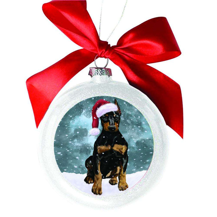Let it Snow Christmas Holiday Doberman Pinscher Dog White Round Ball Christmas Ornament WBSOR48575