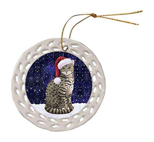 Let it Snow Christmas Holiday Egyptian Mau Cat Wearing Santa Hat Ceramic Doily Ornament D088