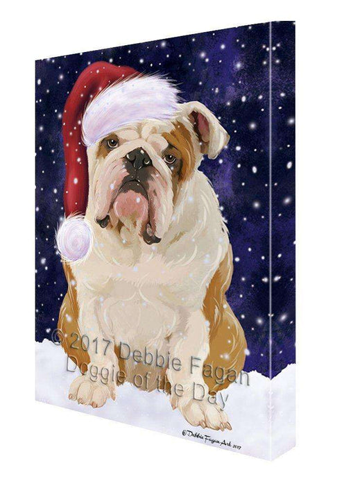 Let it Snow Christmas Holiday English Bulldog Dog Wearing Santa Hat Canvas Wall Art D228