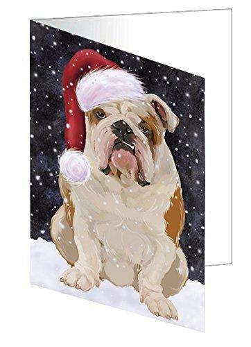 Let it Snow Christmas Holiday English Bulldog Dog Wearing Santa Hat Handmade Artwork Assorted Pets Greeting Cards and Note Cards with Envelopes for All Occasions and Holiday Seasons D418