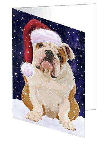 Let it Snow Christmas Holiday English Bulldog Dog Wearing Santa Hat Handmade Artwork Assorted Pets Greeting Cards and Note Cards with Envelopes for All Occasions and Holiday Seasons D419