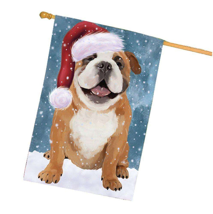 Let it Snow Christmas Holiday English Bulldog Dog Wearing Santa Hat House Flag