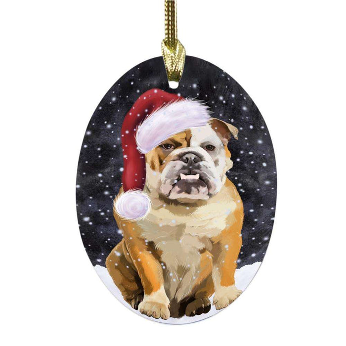 Let it Snow Christmas Holiday English Bulldog Oval Glass Christmas Ornament OGOR48580