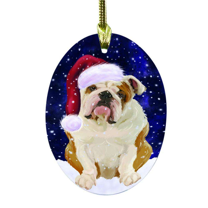 Let it Snow Christmas Holiday English Bulldog Oval Glass Christmas Ornament OGOR48581