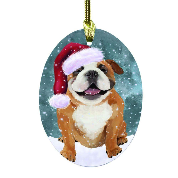 Let it Snow Christmas Holiday English Bulldog Oval Glass Christmas Ornament OGOR48582