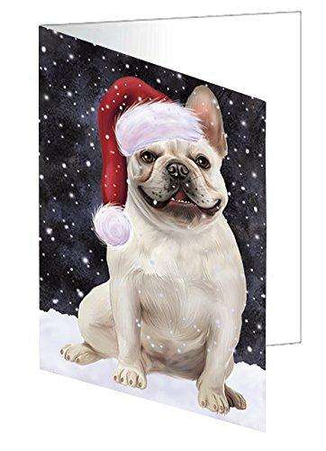 Let it Snow Christmas Holiday French Bulldog Dog Wearing Santa Hat Handmade Artwork Assorted Pets Greeting Cards and Note Cards with Envelopes for All Occasions and Holiday Seasons D422
