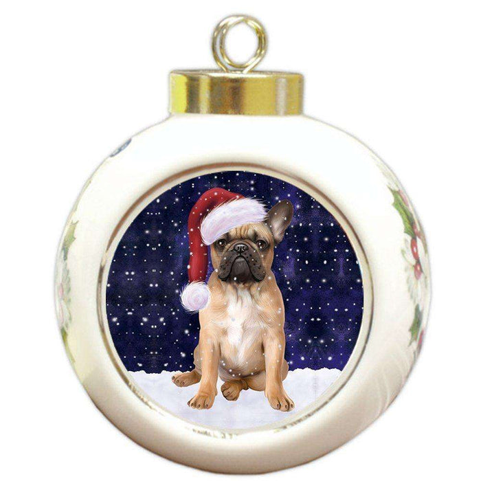 Let it Snow Christmas Holiday French Bulldog Dog Wearing Santa Hat Round Ball Ornament D297