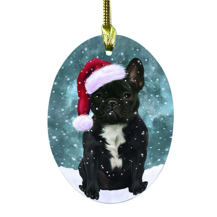 Let it Snow Christmas Holiday French Bulldog Oval Glass Christmas Ornament OGOR48585
