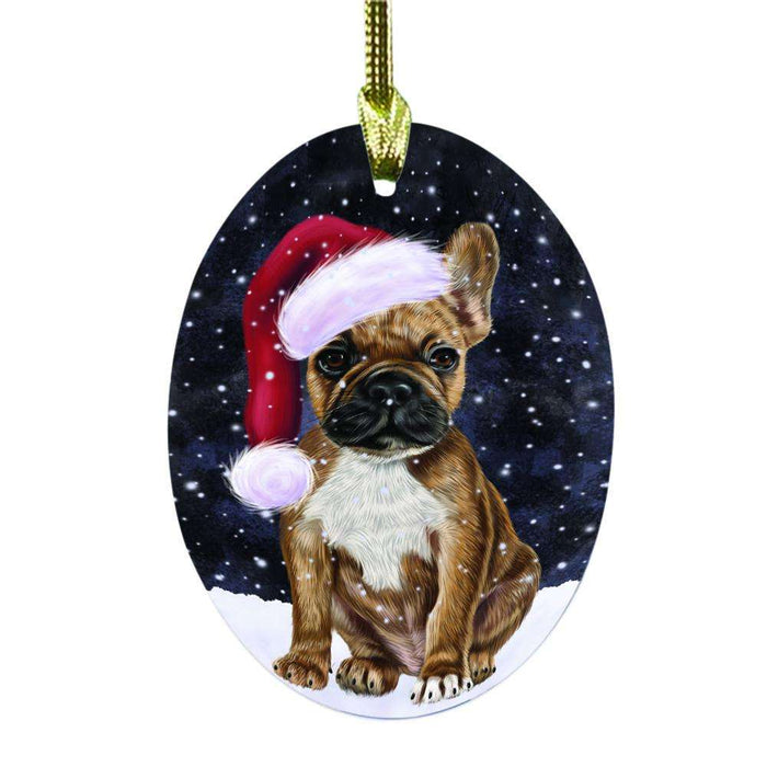 Let it Snow Christmas Holiday French Bulldog Oval Glass Christmas Ornament OGOR48587