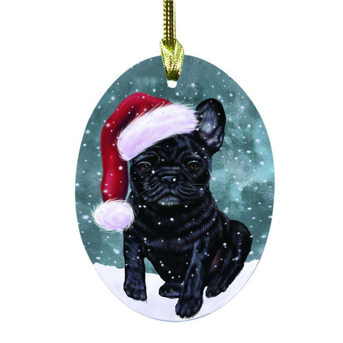 Let it Snow Christmas Holiday French Bulldog Oval Glass Christmas Ornament OGOR48589