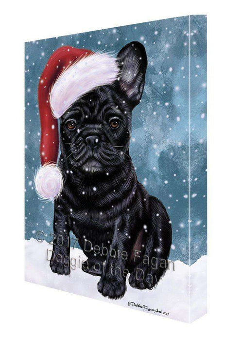 Let it Snow Christmas Holiday French Bulldogs Dog Wearing Santa Hat Canvas Wall Art