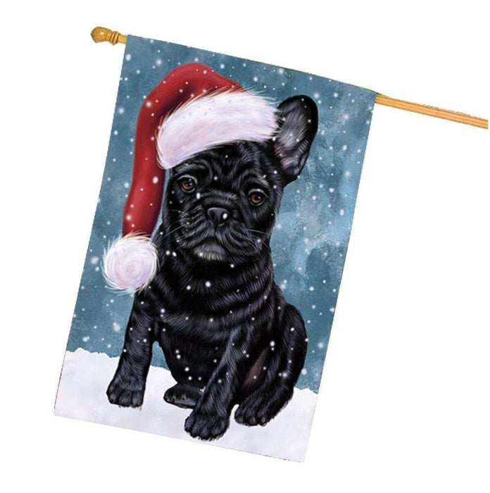Let it Snow Christmas Holiday French Bulldogs Dog Wearing Santa Hat House Flag
