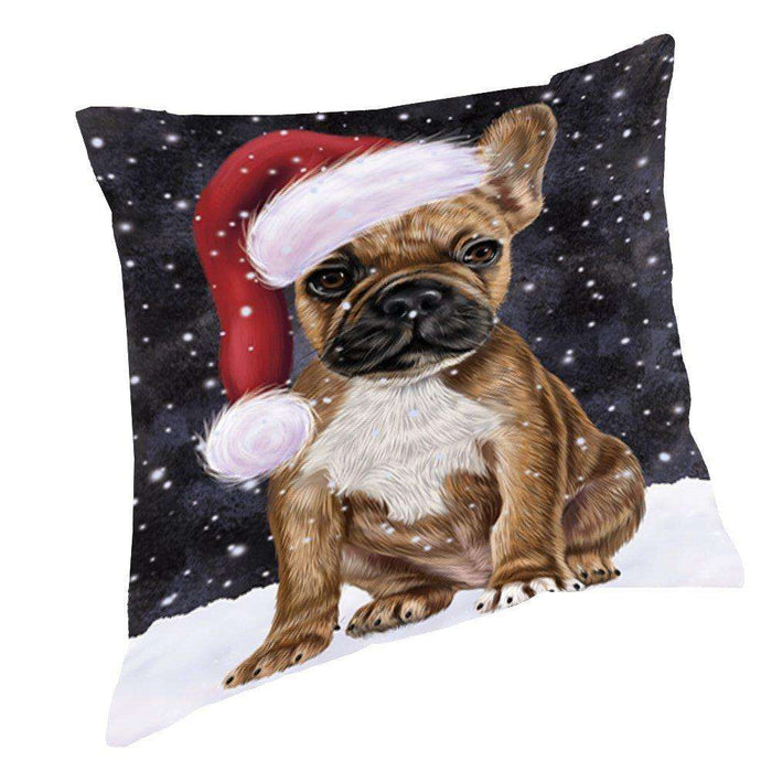 Let it Snow Christmas Holiday French Bulldogs Dog Wearing Santa Hat Throw Pillow