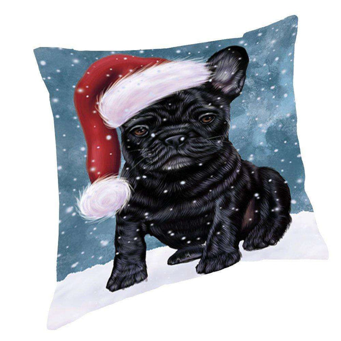 Let it Snow Christmas Holiday French Bulldogs Dog Wearing Santa Hat Throw Pillow