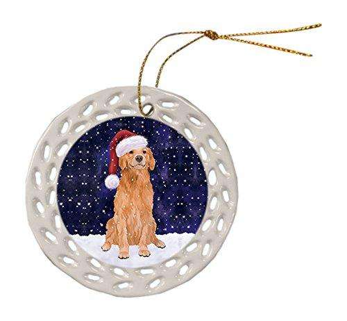 Let it Snow Christmas Holiday Golden Retriever Dog Wearing Santa Hat Ceramic Doily Ornament D001