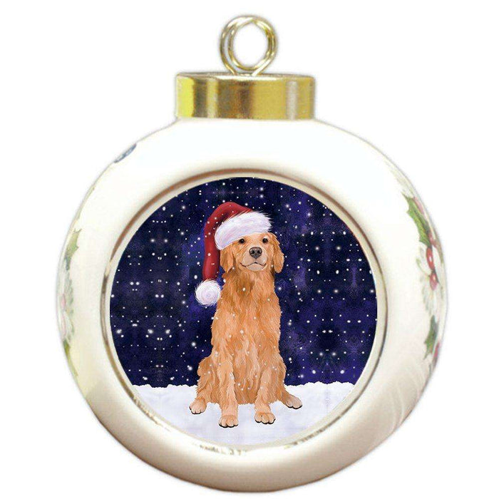 Let it Snow Christmas Holiday Golden Retriever Dog Wearing Santa Hat Round Ball Ornament D209