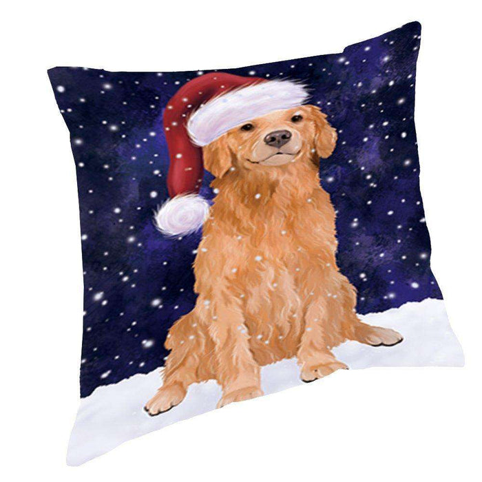 Let it Snow Christmas Holiday Golden Retriever Dog Wearing Santa Hat Throw Pillow D367