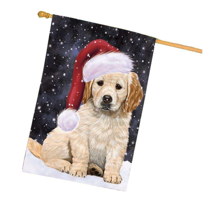Let it Snow Christmas Holiday Golden Retrievers Dog Wearing Santa Hat House Flag