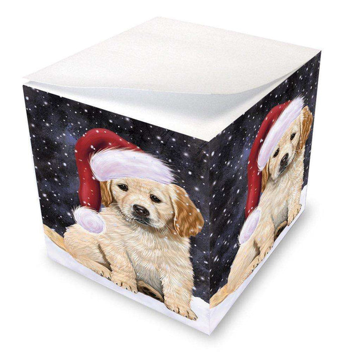 Let it Snow Christmas Holiday Golden Retrievers Dog Wearing Santa Hat Note Cube D320