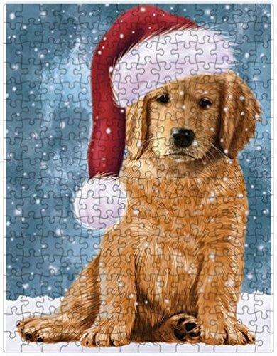 Let it Snow Christmas Holiday Golden Retrievers Dog Wearing Santa Hat Puzzle with Photo Tin D380