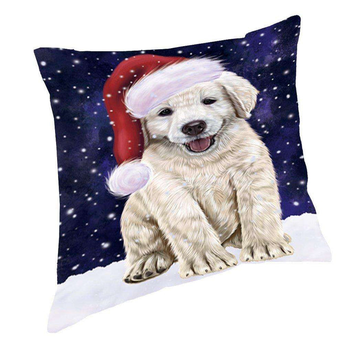 Let it Snow Christmas Holiday Golden Retrievers Dog Wearing Santa Hat Throw Pillow