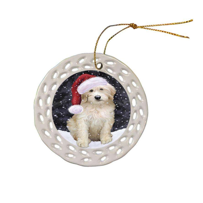 Let it Snow Christmas Holiday Goldendoodle Dog Wearing Santa Hat Ceramic Doily Ornament DPOR54294