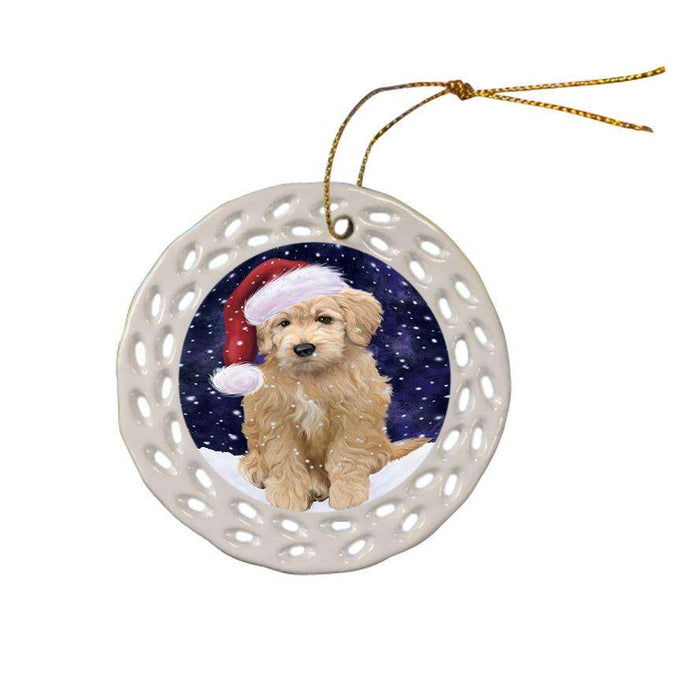 Let it Snow Christmas Holiday Goldendoodle Dog Wearing Santa Hat Ceramic Doily Ornament DPOR54295
